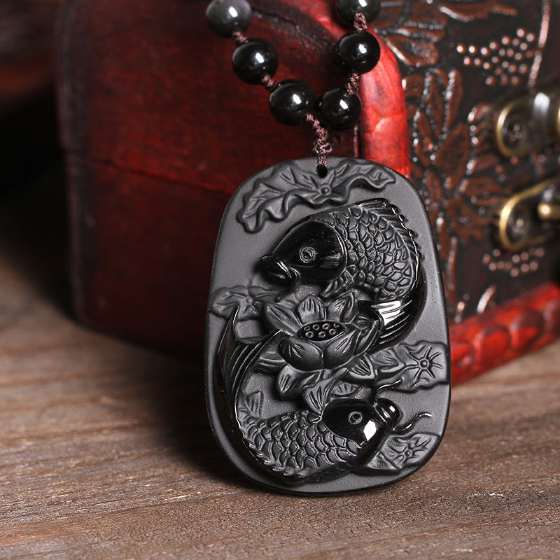 Fortune Jewel Natural Black Obsidian Koi Fish Lotus Strength Beaded Necklace Pendant