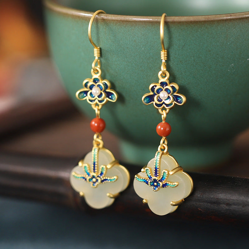 Fortune Jewel Lucky Four Leaf Clover Jade Abundance Copper Earrings
