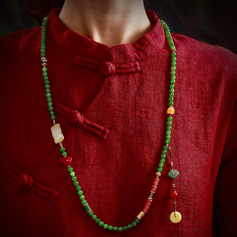 Fortune Jewel 108 Mala Beads Cyan Jade Red Agate Laughing Buddha Luck Bracelet Fortune Jewel