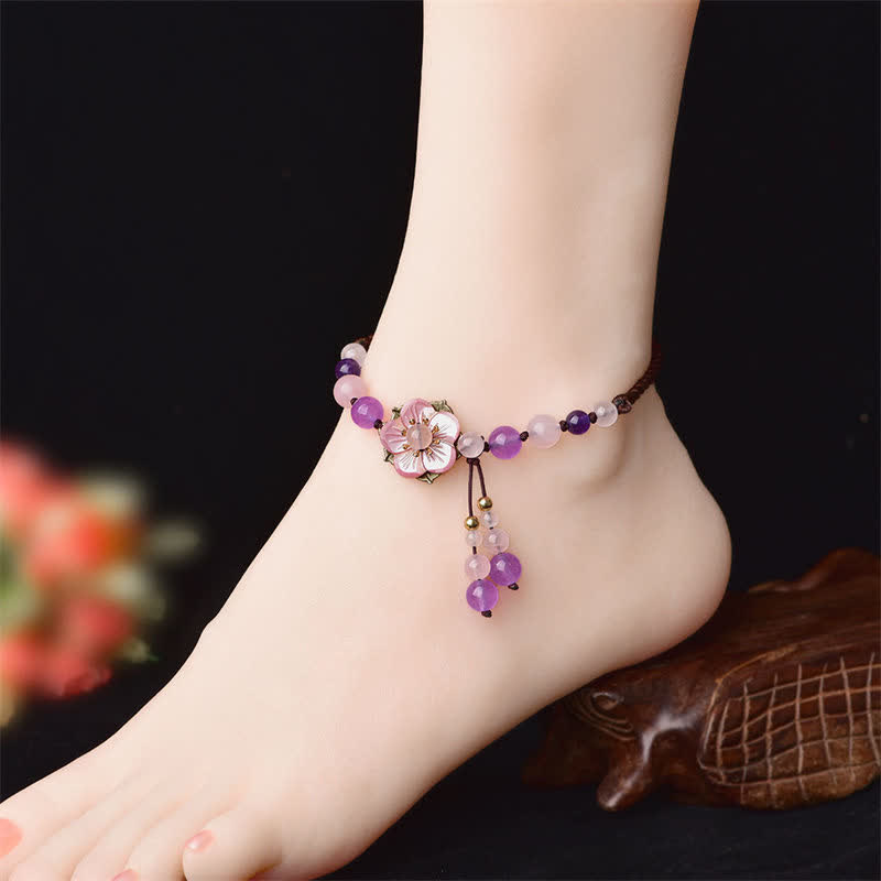 Fortune Jewel Natural Amethyst Rose Quartz Crystal Charm Lucky Healing Anklet