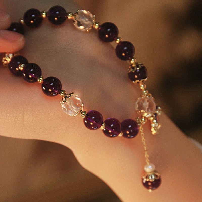 Fortune Jewel 14k Gold Plated Natural Amethyst Healing Maple Leaf Charm Bracelet