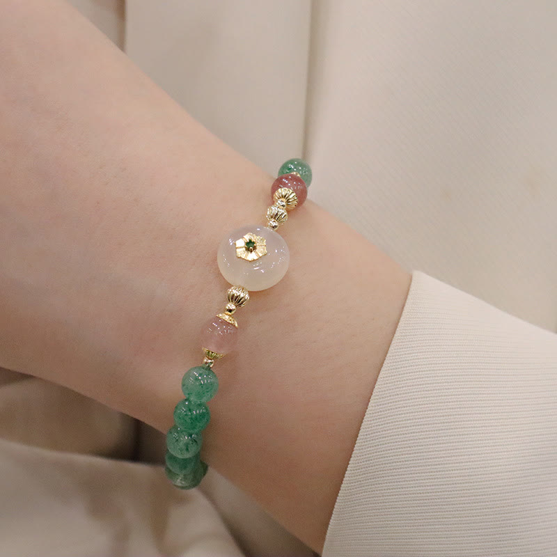 Fortune Jewel Natural Green Strawberry Quartz Chalcedony Flower Gratitude Bracelet