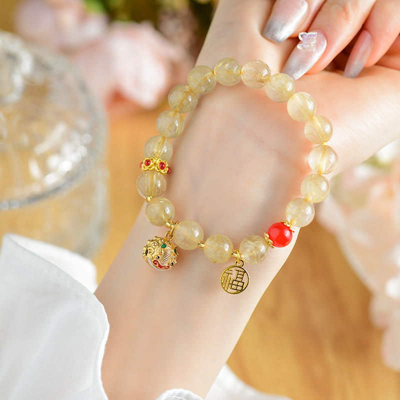 Fortune Jewel Natural Golden Rutilated Quartz Fu Character Charm Bell Wealth Bracelet