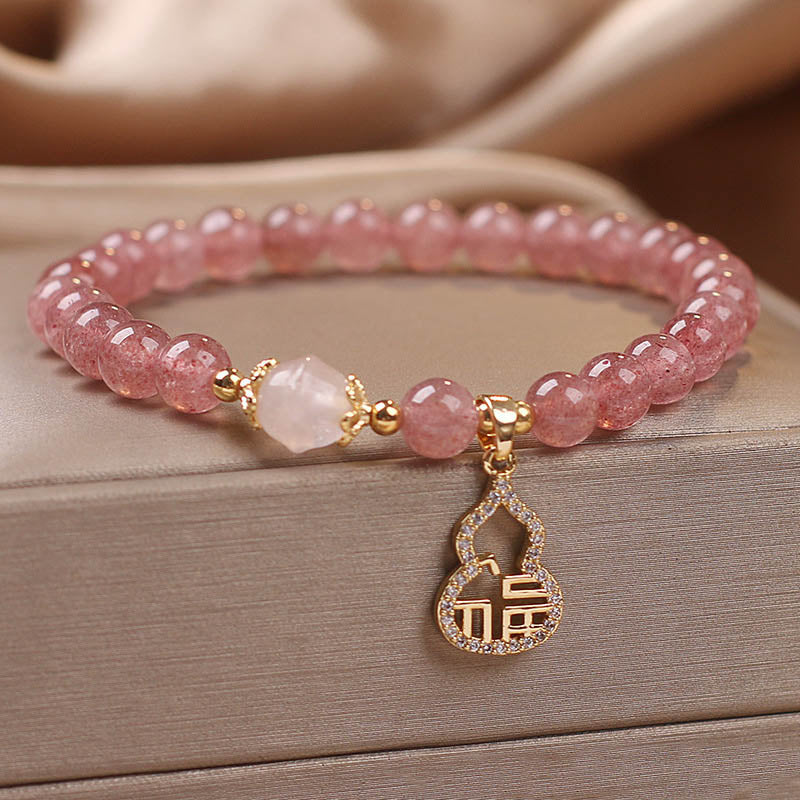 Fortune Jewel Strawberry Quartz Gourd Fu Character Charm Positive Bracelet
