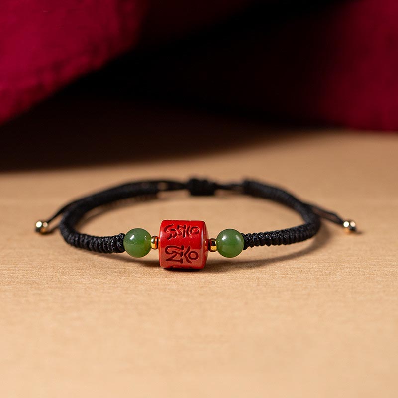 Fortune Jewel Tibetan Cinnabar Om Mani Padme Hum Engraved Blessing Braided Rope Bracelet