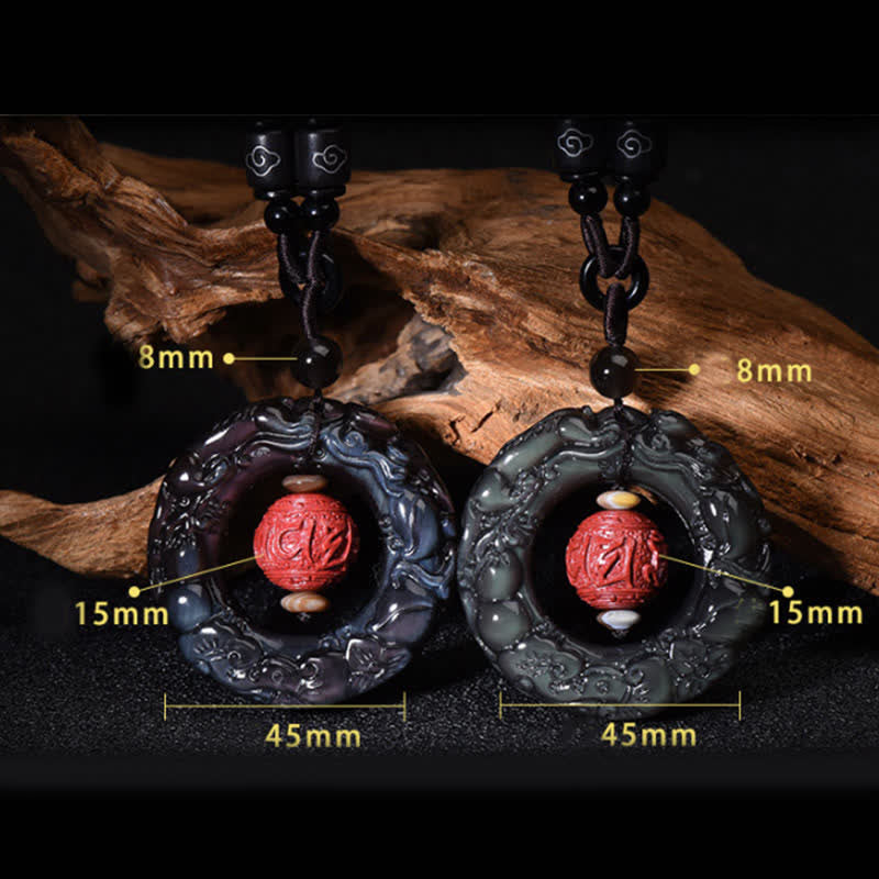 Fortune Jewel FengShui Natural Rainbow Obsidian PiXiu Cinnabar Healing Necklace Pendant