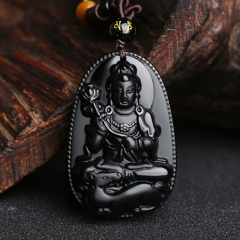 Fortune Jewel Chinese Zodiac Natal Buddha Natural Black Obsidian Purification Necklace Pendant