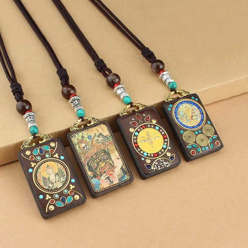 Fortune Jewel Tibet God of Wealth Thangka Ebony Peace Necklace Pendant