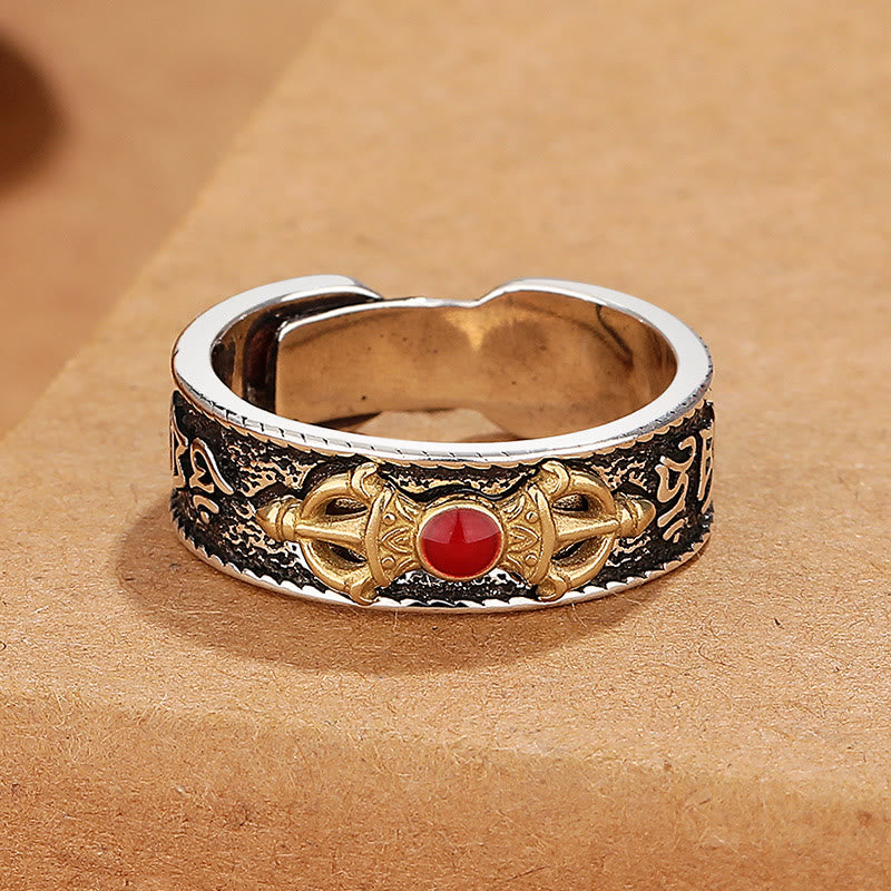 Fortune Jewel Tibetan Om Mani Padme Hum Red Agate Dorje Vajra Design Wisdom Ring