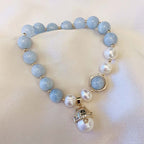 Fortune Jewel Aquamarine Pearl Peace Healing Lucky Cat Charm Bracelet