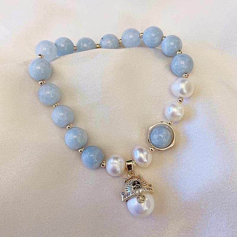 Fortune Jewel Aquamarine Pearl Peace Healing Lucky Cat Charm Bracelet