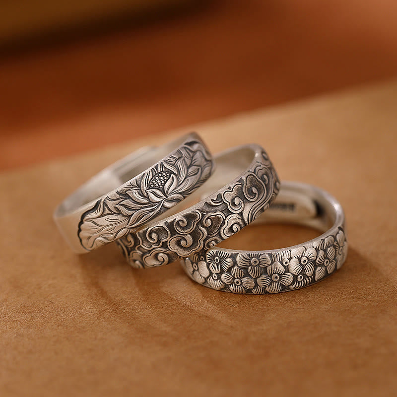 Fortune Jewel 999 Sterling Silver Lotus Flower Plum Blossom Auspicious Clouds Engraved Enlightenment Ring Fortune Jewel