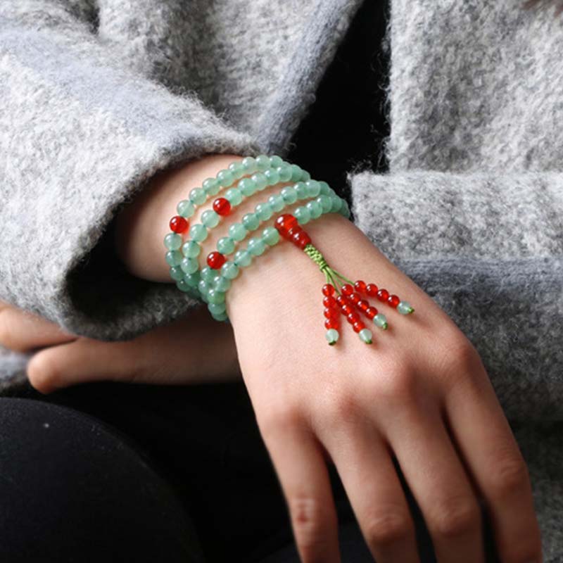 Fortune Jewel 108 Beads Green Aventurine Red Agate Luck Mala Bracelet