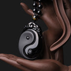 Fortune Jewel Natural Black Obsidian Yin Yang Fulfilment Strength Necklace Pendant