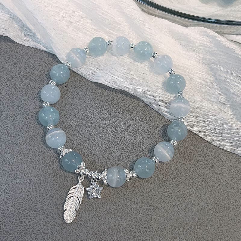 Fortune Jewel 925 Sterling Silver Aquamarine Cat's Eye Healing Feather Star Charm Bracelet