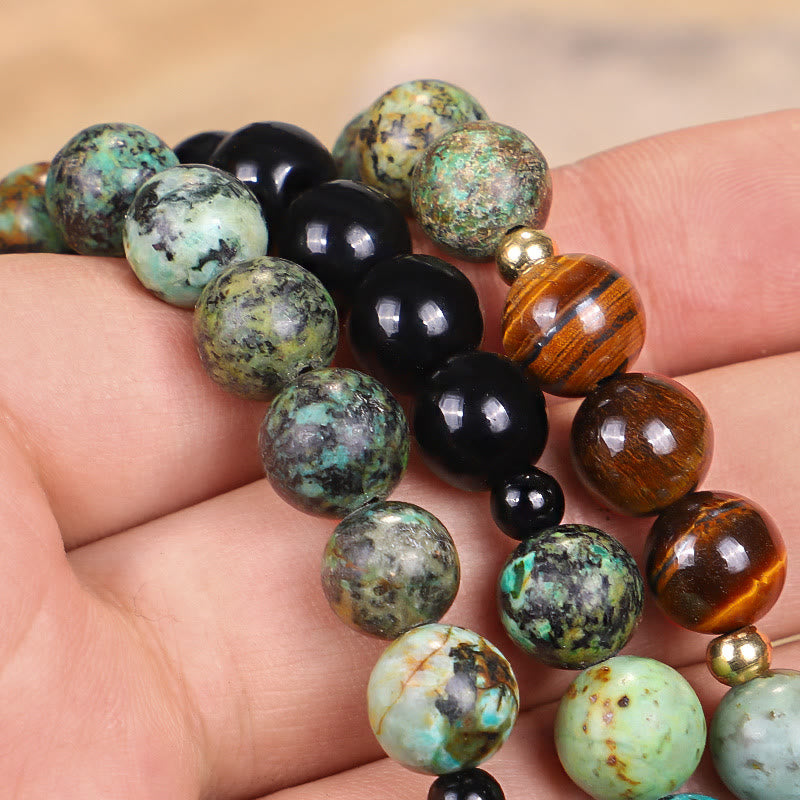 Fortune Jewel 108 Mala Beads Natural Stone Tiger Eye Turquoise Protection Strength Bracelet Necklace