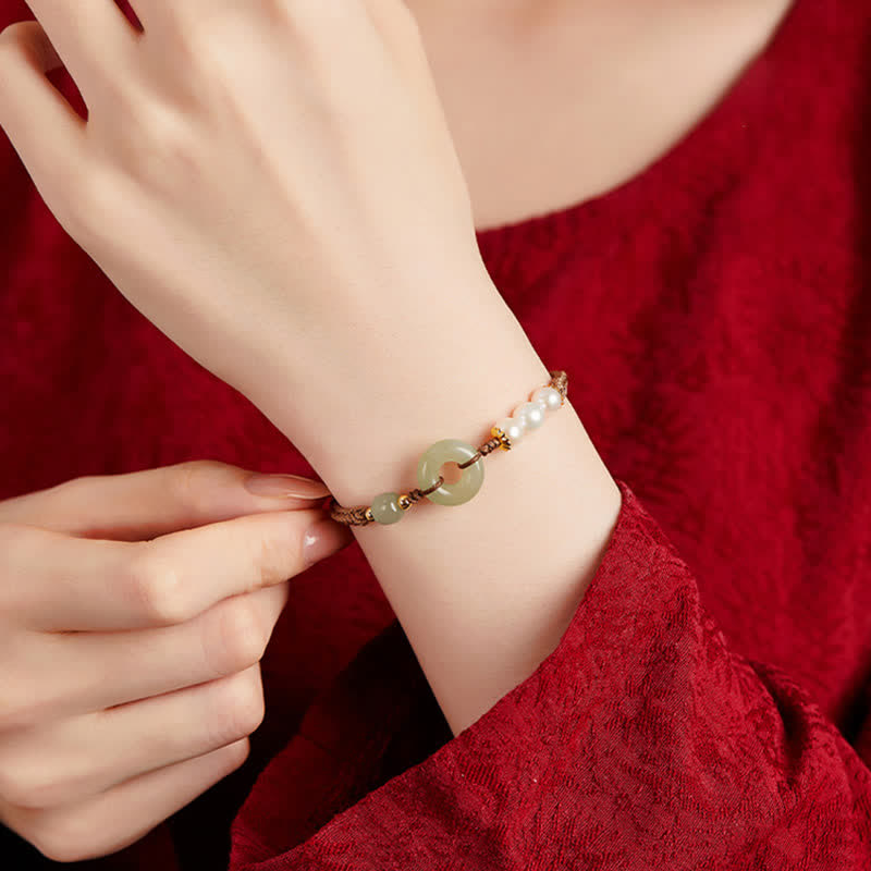 Fortune Jewel Natural Hetian Jade Pearl Peace Buckle Luck Bracelet