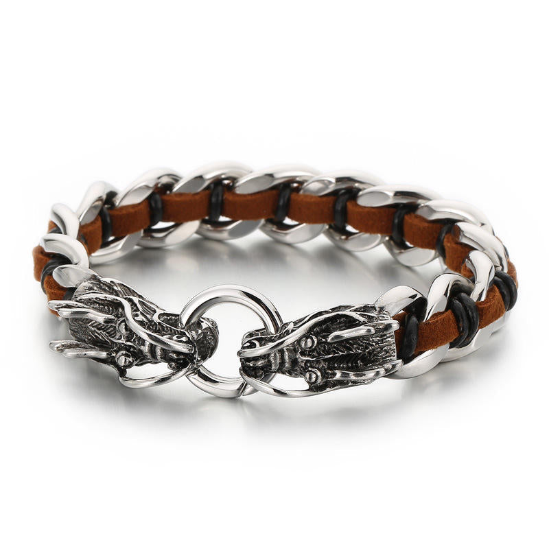 Fortune Jewel Dragon Leather Titanium Steel Protection Luck Braided Bracelet Fortune Jewel