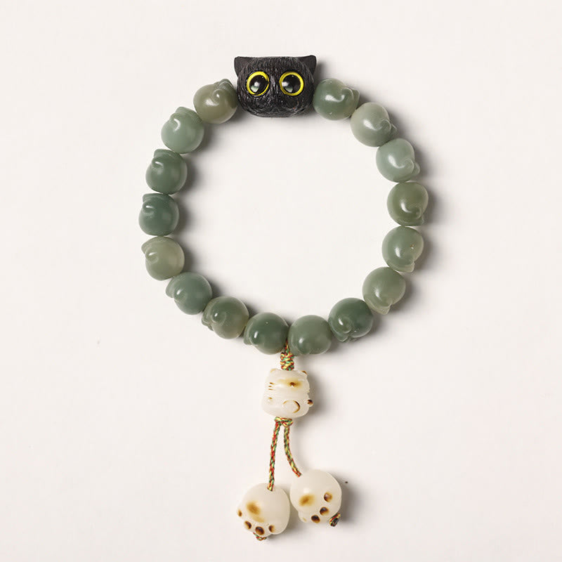 Fortune Jewel Natural Bodhi Seed Lovely Paw Ebony Wood Lucky Cat Wisdom Bracelet