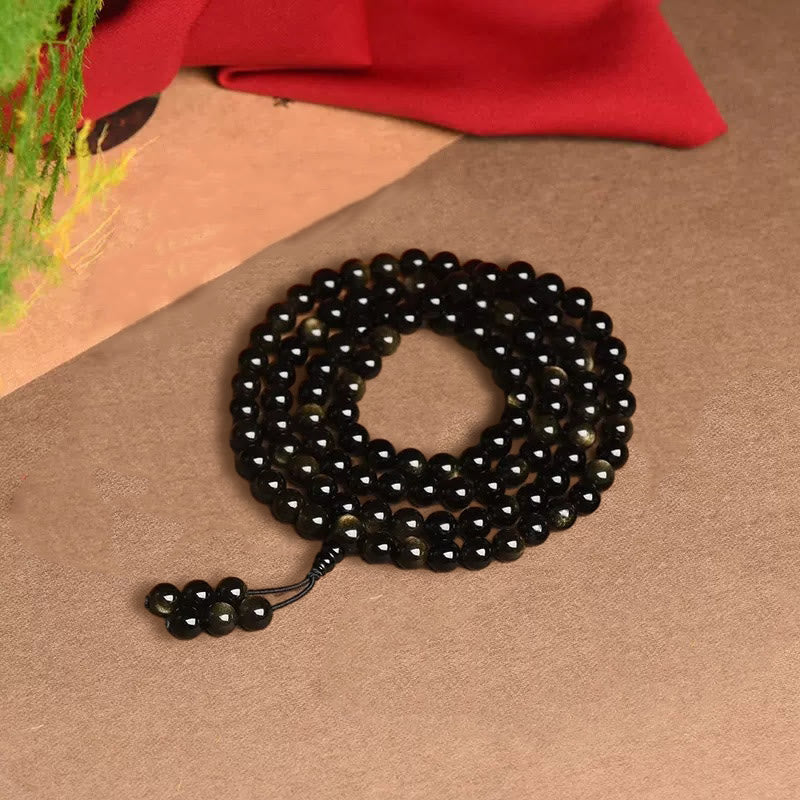 Fortune Jewel 108 Mala Beads Natural Gold Sheen Obsidian Wealth Bracelet