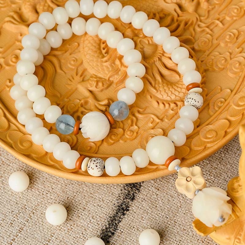 Fortune Jewel Tibetan White Jade Bodhi Lotus Blessing Bracelet Fortune Jewel