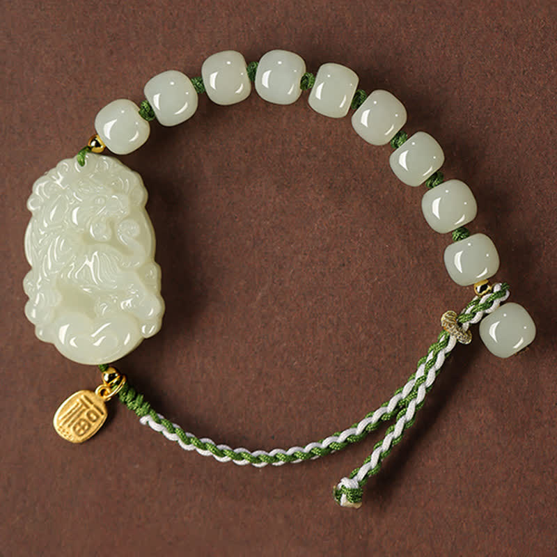Fortune Jewel 925 Sterling Silver Chinese Zodiac Hetian Jade Happiness Luck String Bracelet