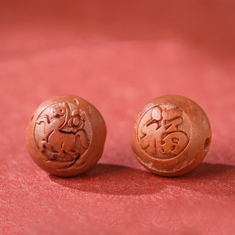Fortune Jewel Natural Peach Wood Chinese Zodiac Fu Character Carved Cinnabar Wealth Bracelet