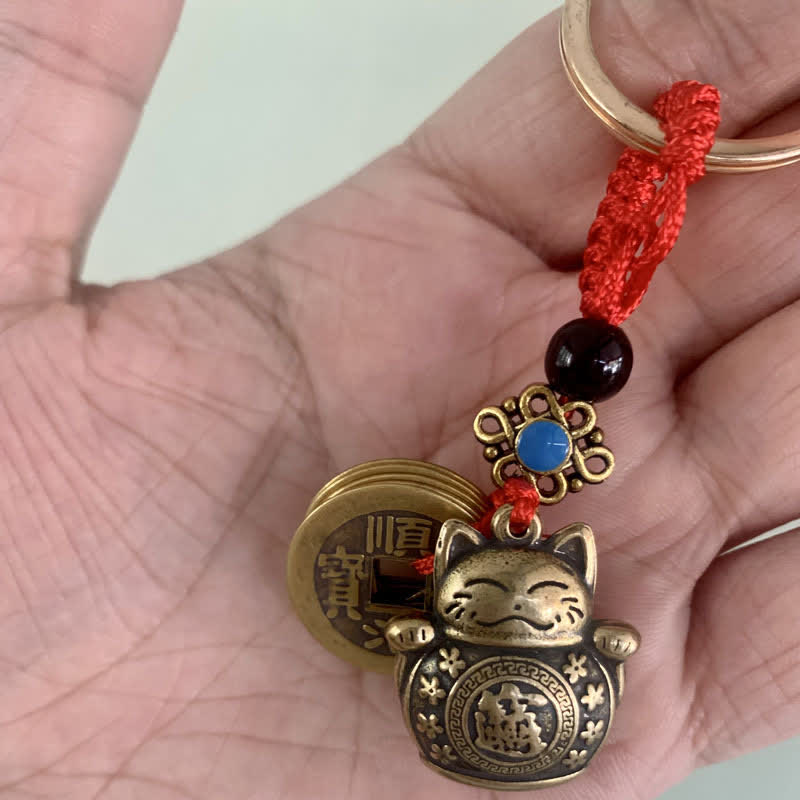 Fortune Jewel Feng Shui Five Emperor Coins Lucky Cat Money Wealth Keychain