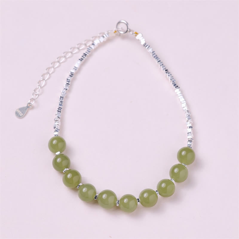 Fortune Jewel 925 Sterling Silver Hetian Jade Bead Luck Chain Bracelet