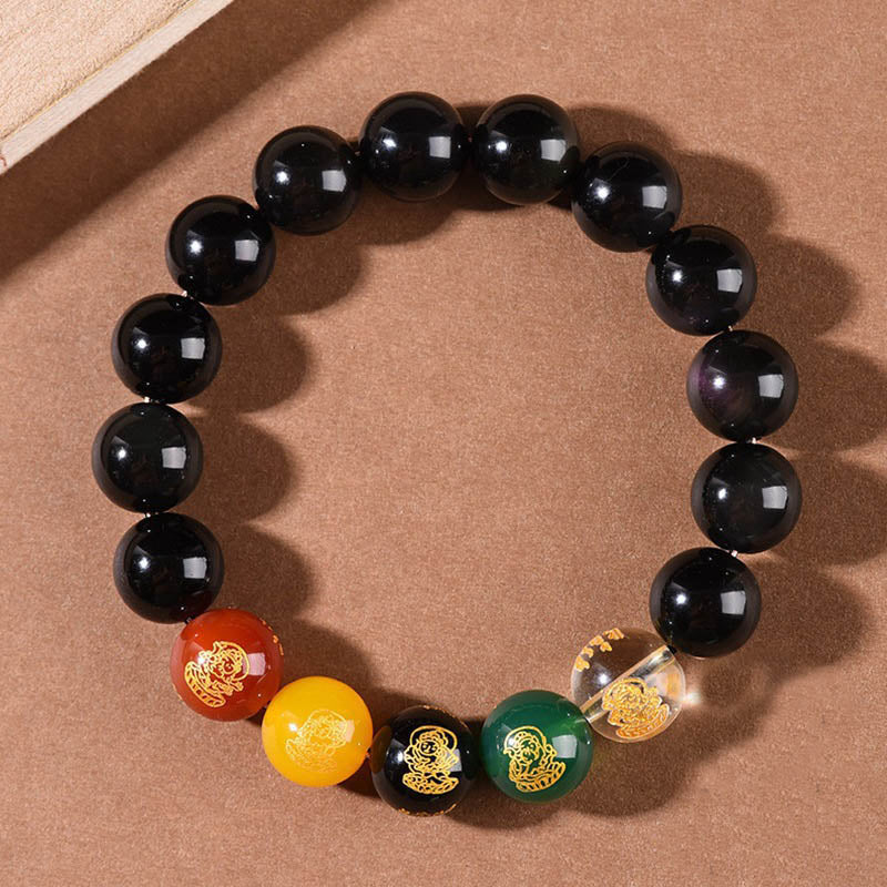 Fortune Jewel Gold Sheen Obsidian Rainbow Obsidian Black Obsidian Five Directions Gods of Wealth Bracelet