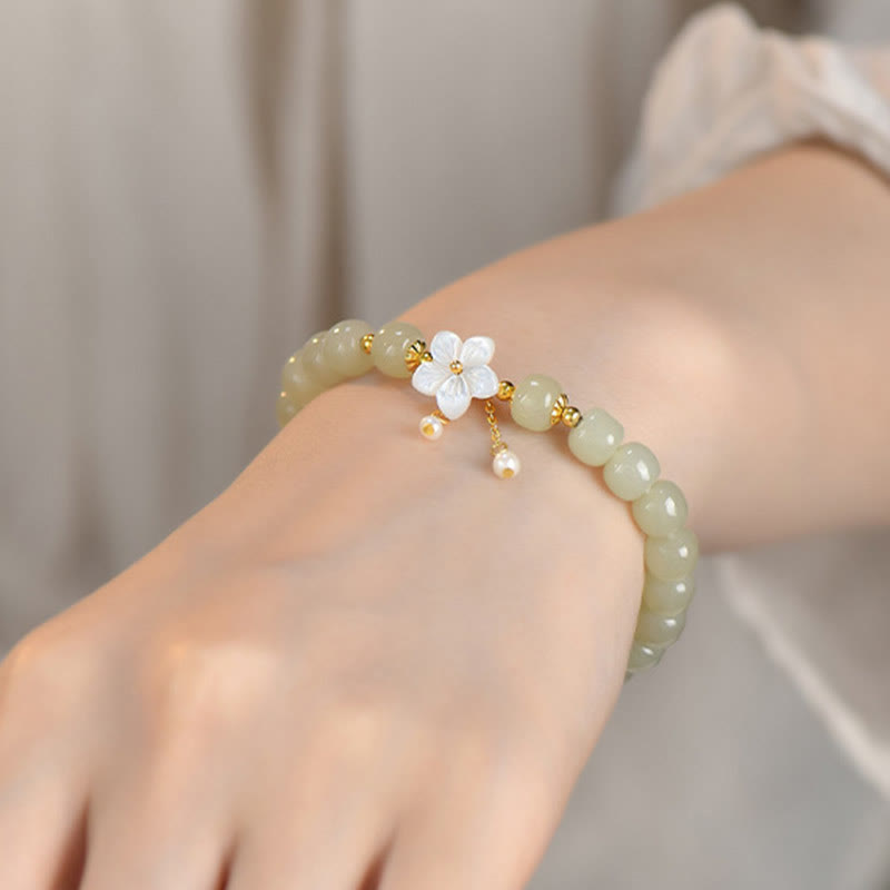 Fortune Jewel 925 Sterling Silver Natural Hetian Jade Luck Flower Bracelet