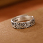 Fortune Jewel 999 Sterling Silver Lotus Flower Plum Blossom Auspicious Clouds Engraved Enlightenment Ring Fortune Jewel