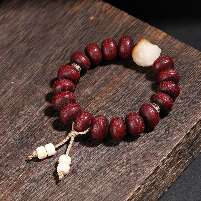 Fortune Jewel Tibet Bodhi Seed Dzi Bead Dancing Lion Luck Bracelet Wrist Mala