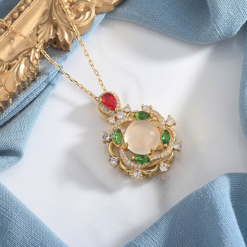 Fortune Jewel Cyan Jade Red Crystal Luck Necklace