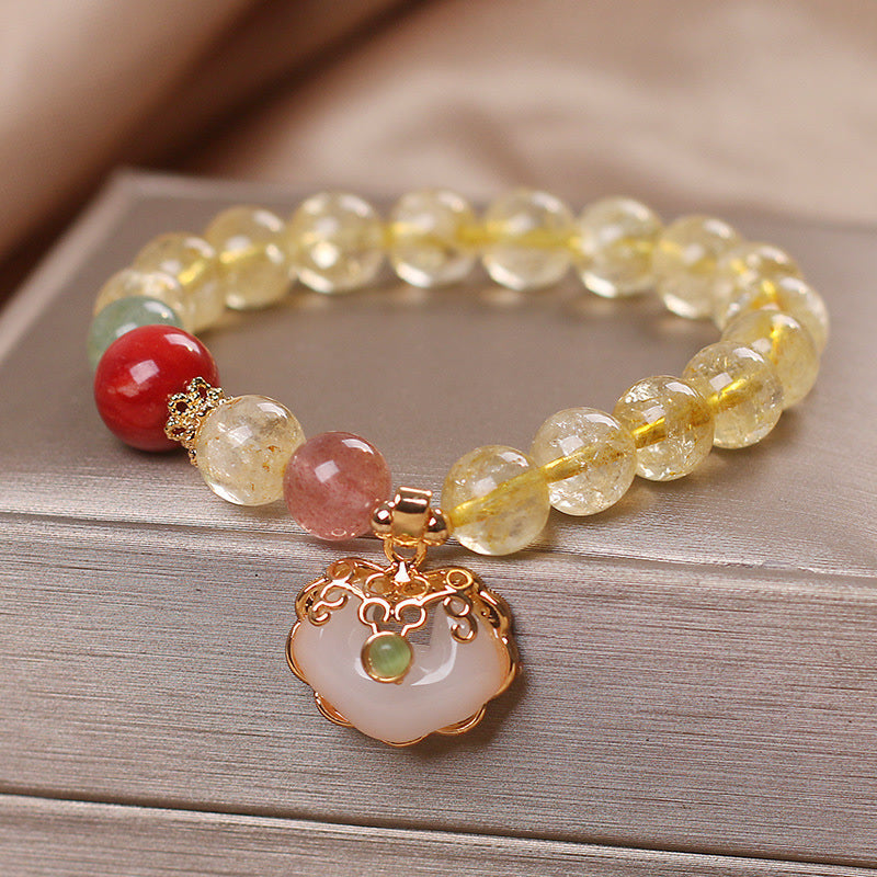 Fortune Jewel Natural Citrine White Jade Strawberry Quartz Protection Charm Bracelet