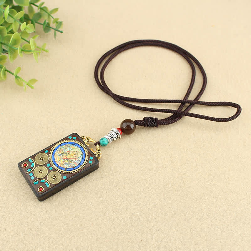 Fortune Jewel Tibet God of Wealth Thangka Ebony Peace Necklace Pendant