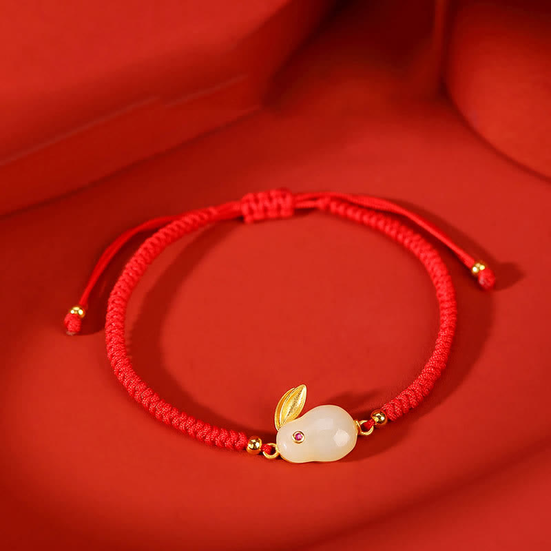 Fortune Jewel 925 Sterling Silver Year of the Rabbit Hetian White Jade Luck Red String Protection Bracelet