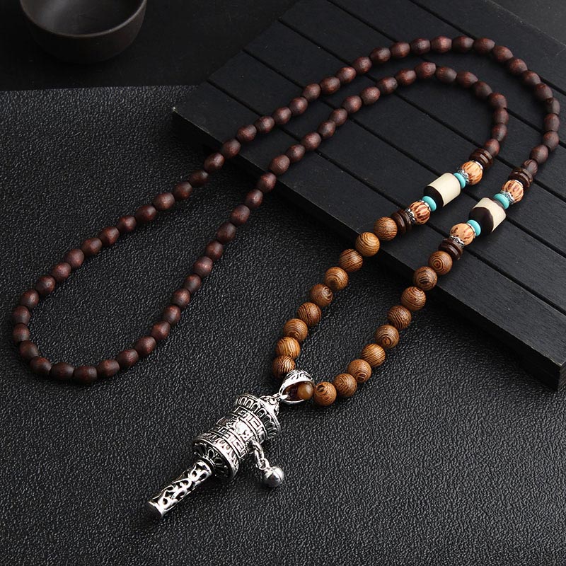 Fortune Jewel Turquoise Dzi Bead Prayer Wheel Wenge Wood Meditation Necklace