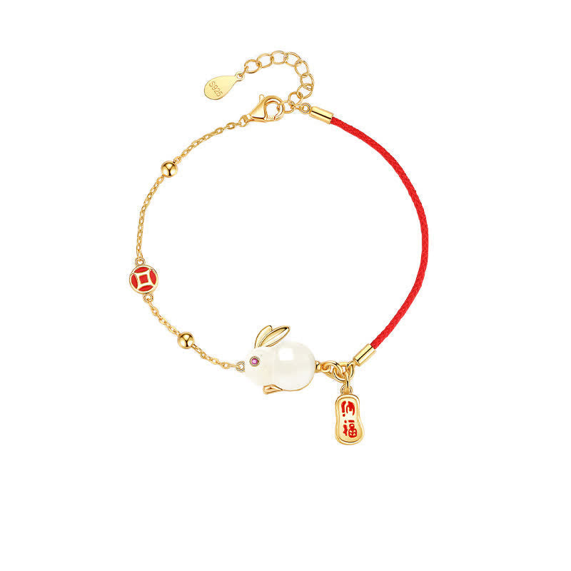 Fortune Jewel Year of the Rabbit White Jade Happiness Red String Chain Bracelet