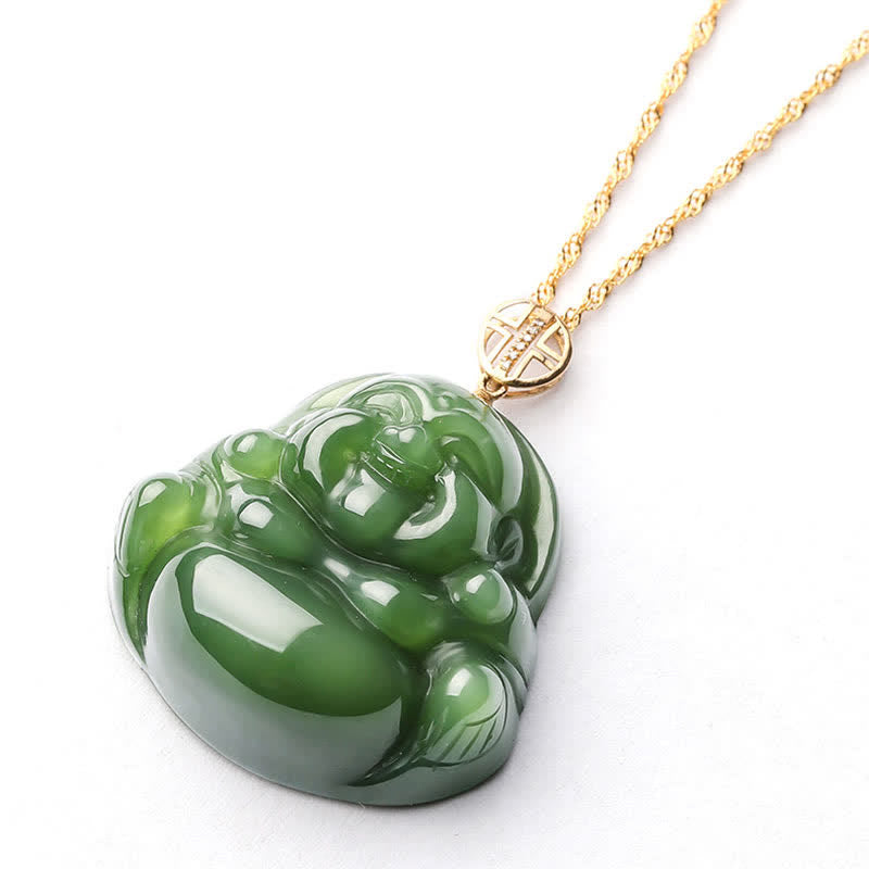 Fortune Jewel 925 Sterling Silver Laughing Buddha Hetian Cyan Jade 18K Gold Success Necklace Chain Pendant Fortune Jewel