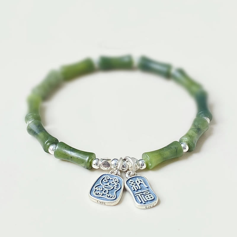 Fortune Jewel 925 Sterling Silver Bamboo Jade Lucky Cat Fu Character Luck Abundance Bracelet