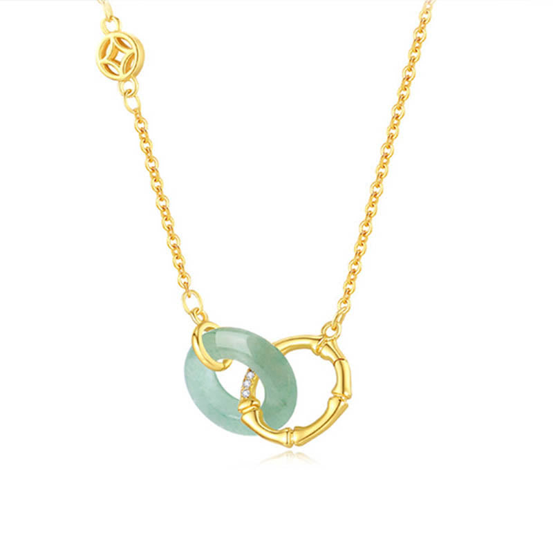 Fortune Jewel 925 Sterling Silver Natural Green Aventurine Peace Buckle Bamboo Coin Prosperity Necklace Pendant