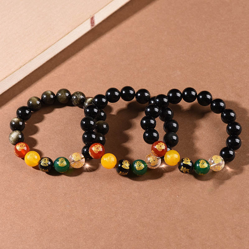 Fortune Jewel Gold Sheen Obsidian Rainbow Obsidian Black Obsidian Five Directions Gods of Wealth Bracelet