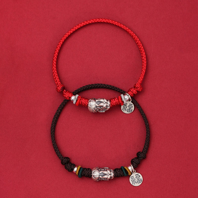 Fortune Jewel 925 Sterling Silver PiXiu Fu Character Wealth Luck Handmade Braided Bracelet