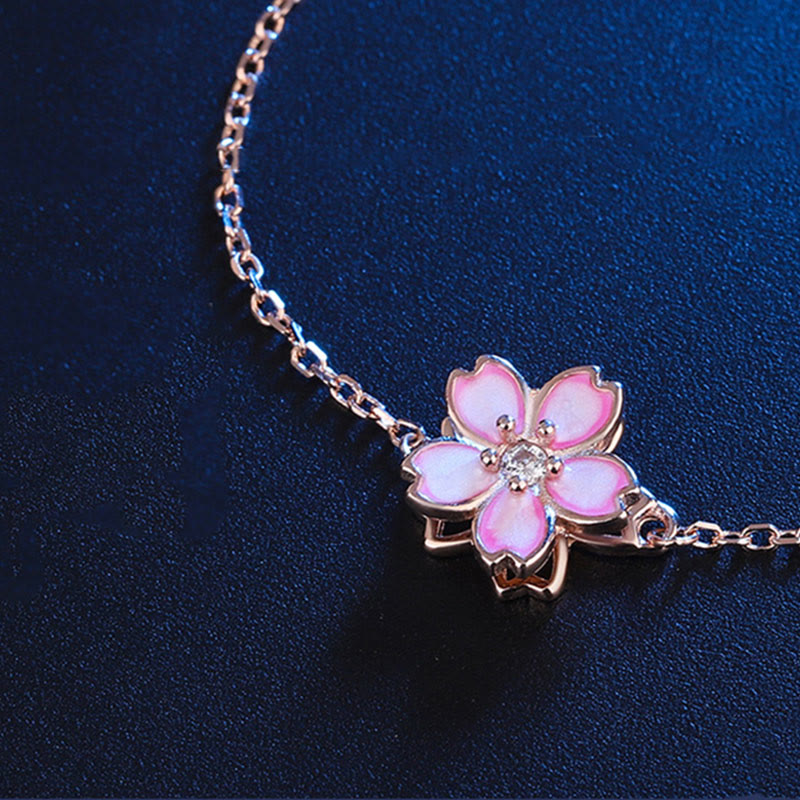 Fortune Jewel 925 Sterling Silver Cherry Blossom Blessing Chain Bracelet Rotatable Ring