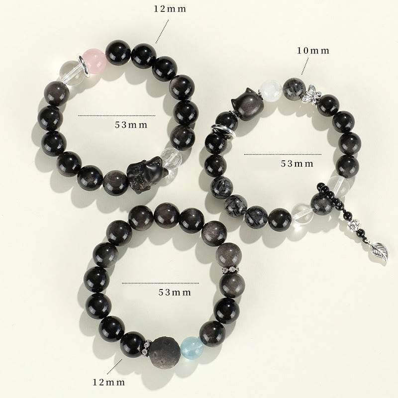 Fortune Jewel Natural Silver Sheen Obsidian Cat Head Fox Planet Protection Bracelet
