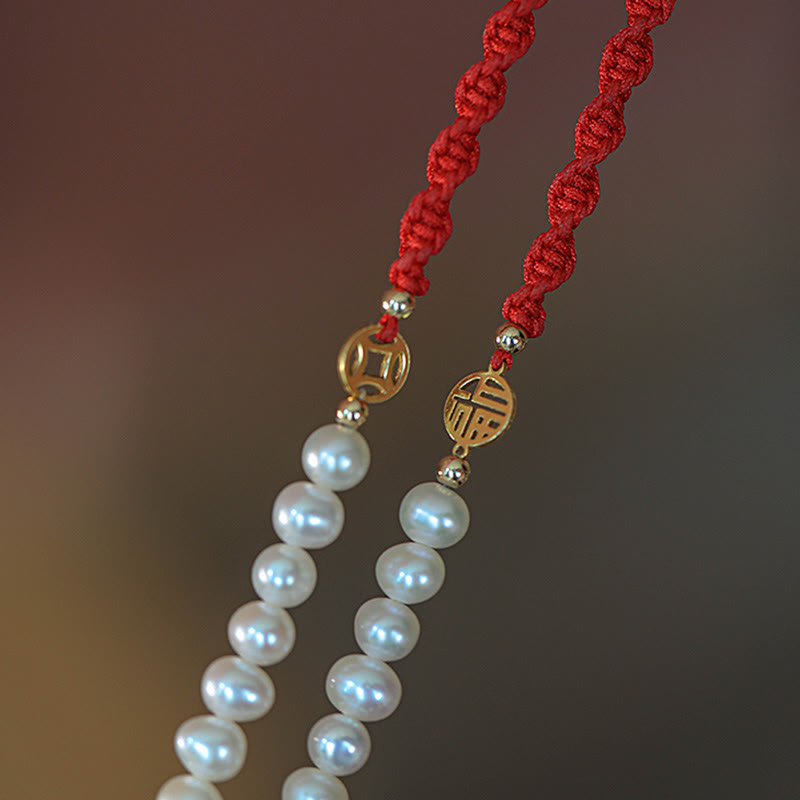 Fortune Jewel 14K Gold Plated Pearl Bead Luck Protection Braid Red String Bracelet