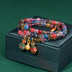 Fortune Jewel Colorful Candy Agate Gold Swallowing Beast Family Strength Charm Triple Wrap Bracelet