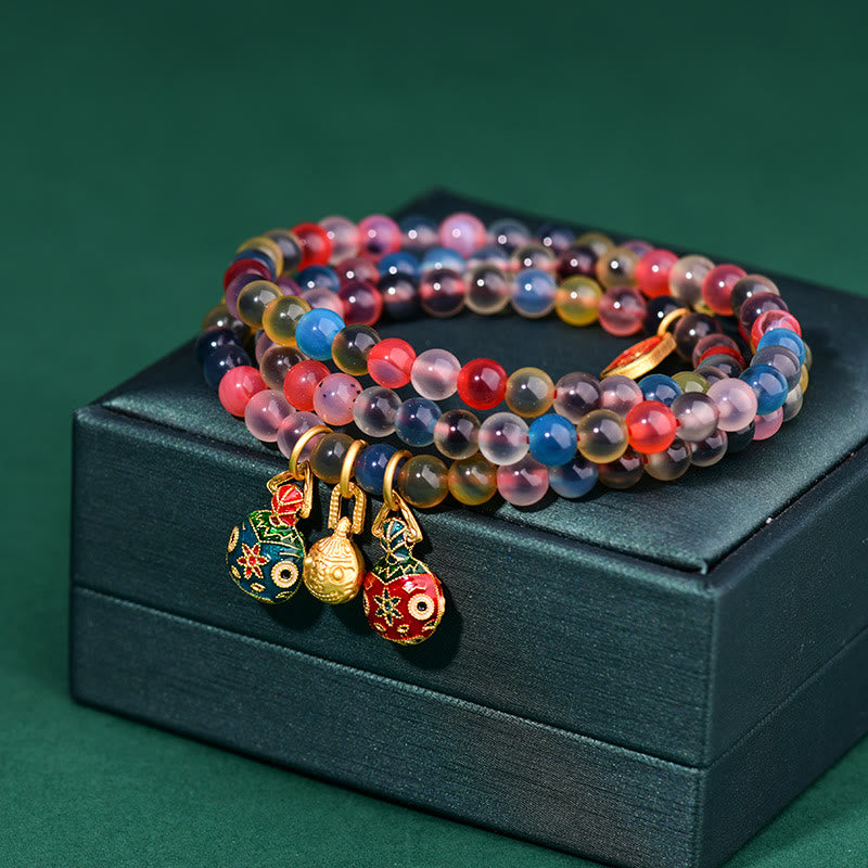 Fortune Jewel Colorful Candy Agate Gold Swallowing Beast Family Strength Charm Triple Wrap Bracelet