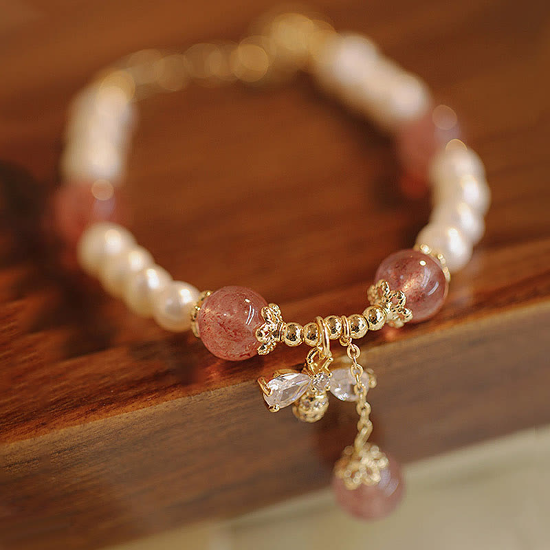 Fortune Jewel Natural Pearl Strawberry Quartz Healing Cute Honey Bee Charm Bracelet